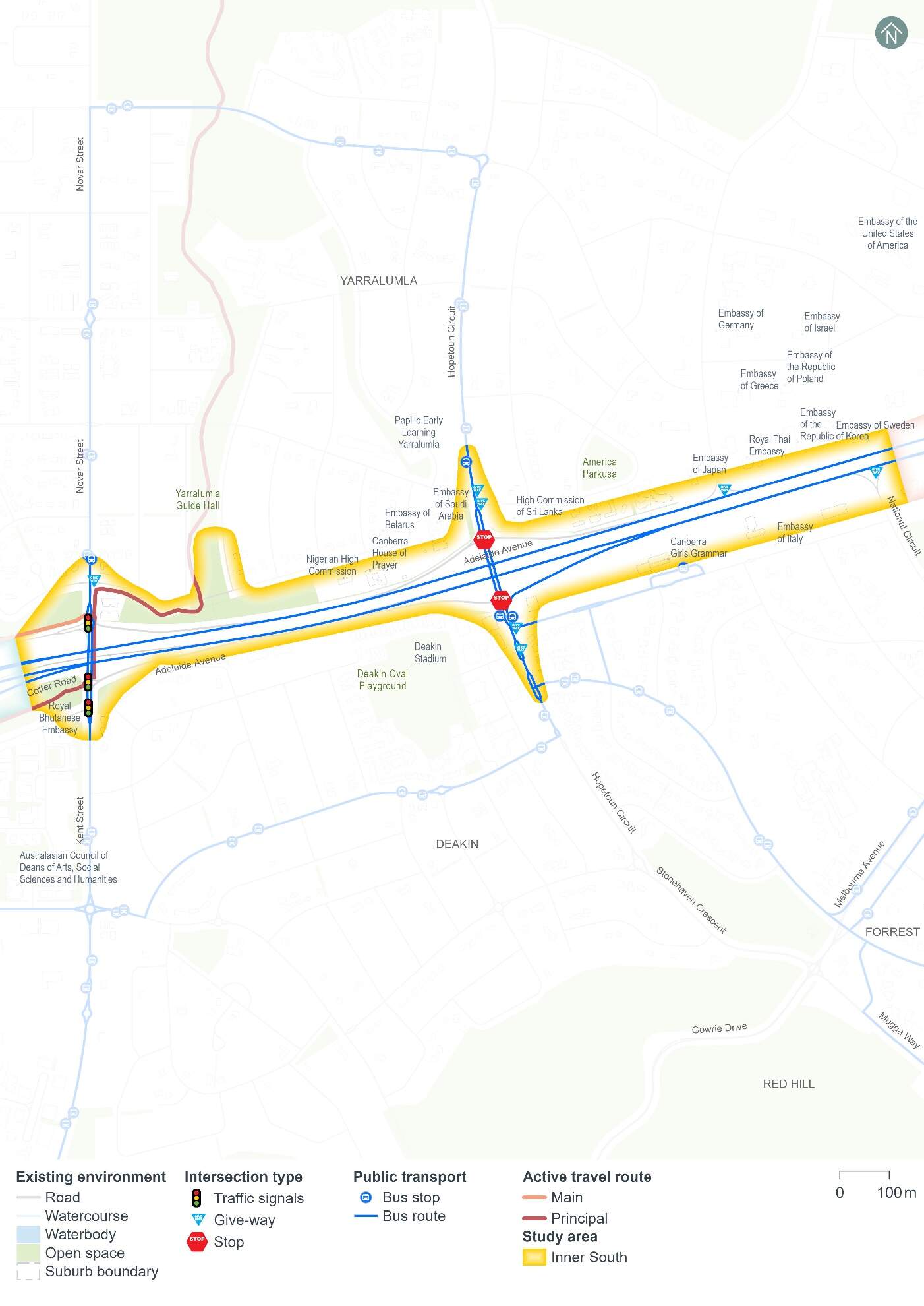 Overview of the existing transport network for the Inner South precinct study area