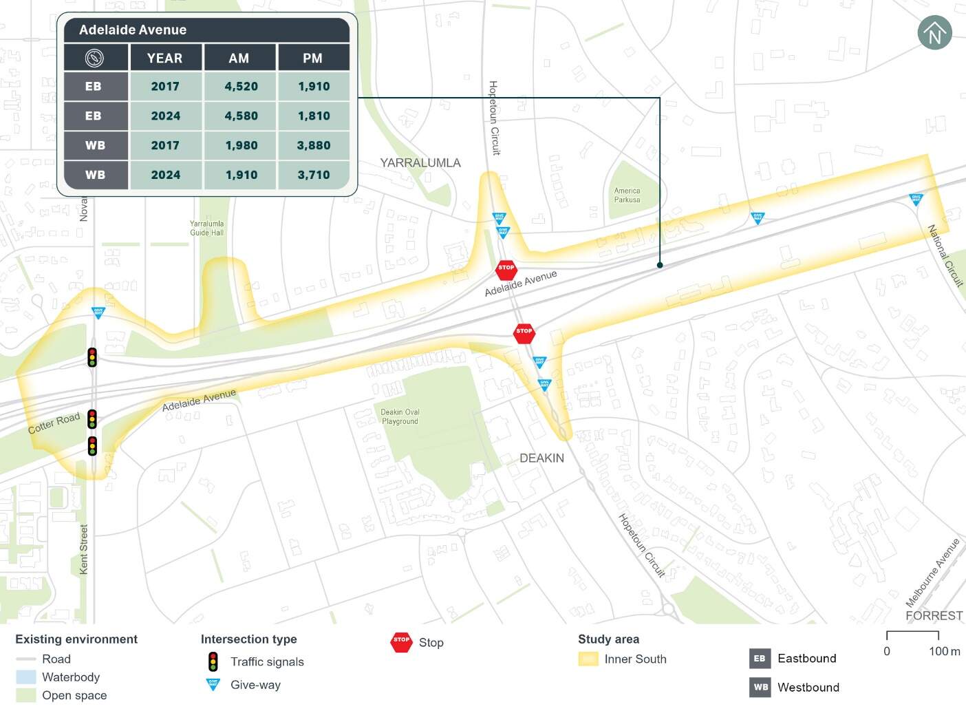 2017 and 2024 peak hourly traffic volumes within the Inner South precinct study area
