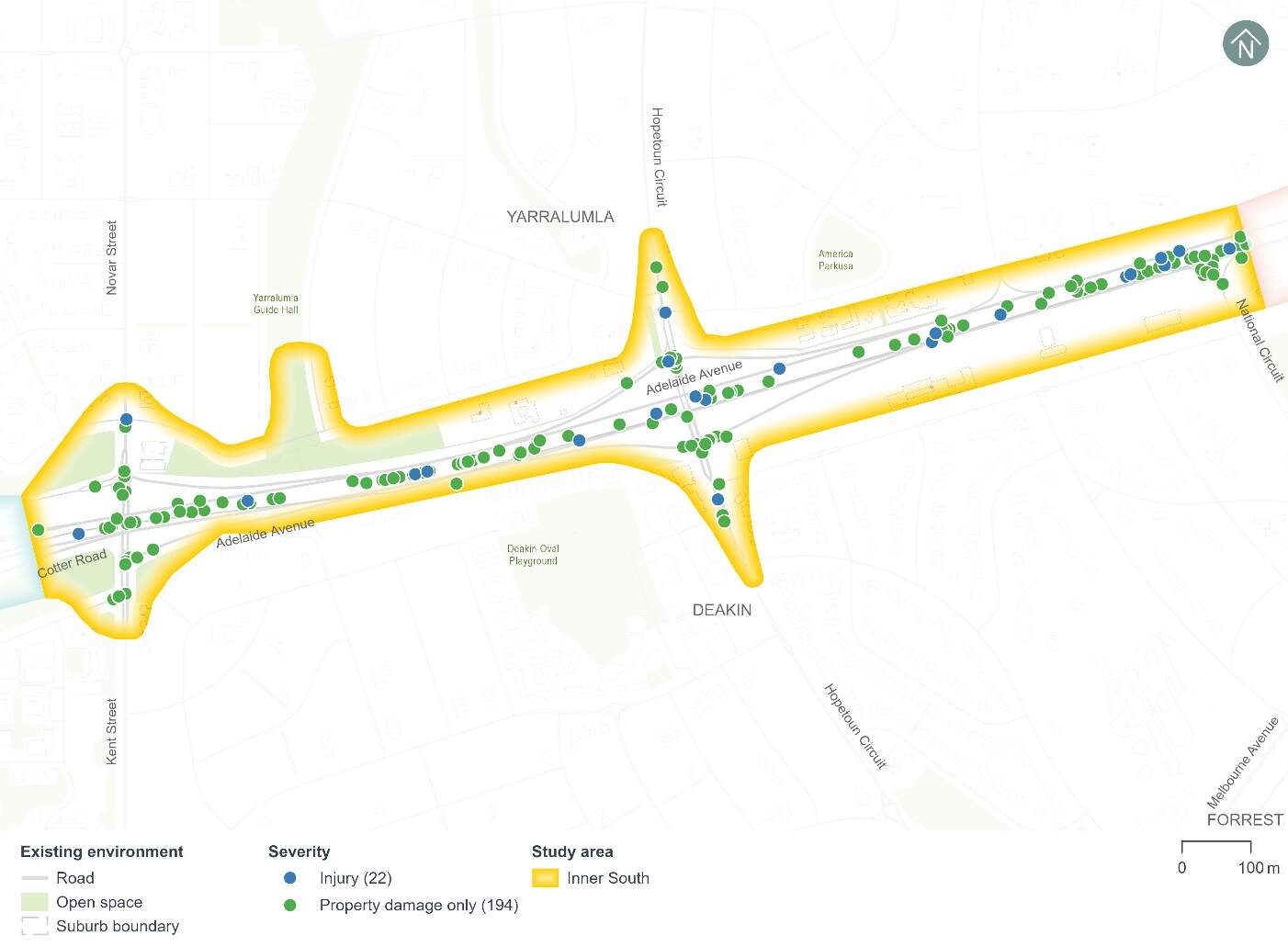 Crash data between 2018 and 2022 within the Inner South precinct study area
