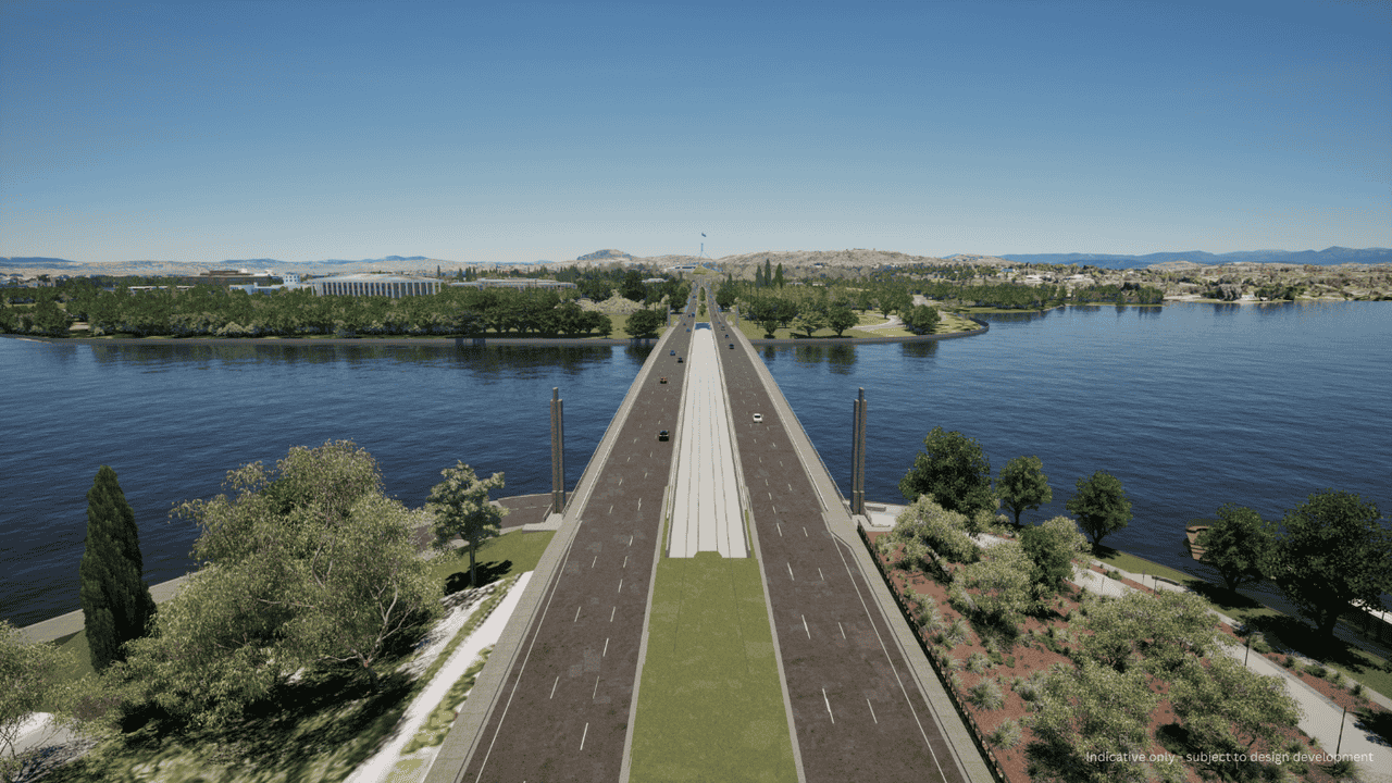 Indicative visualisation of light rail bridge between the existing Commonwealth Avenue road bridges over Lake Burley Griffin in the Commonwealth Avenue precinct