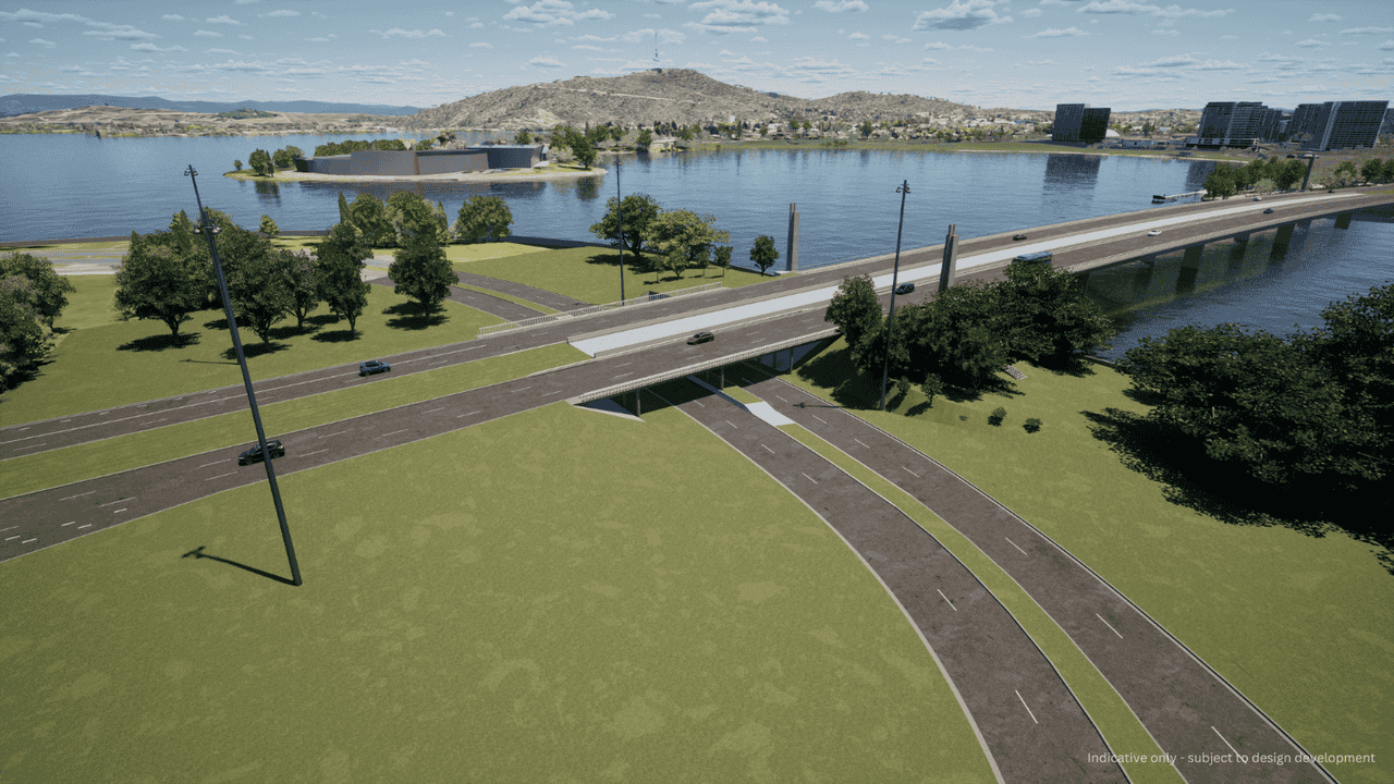 Indicative visualisation of light rail bridge between the existing Commonwealth Avenue road bridges over Flynn Drive in the Commonwealth Avenue precinct